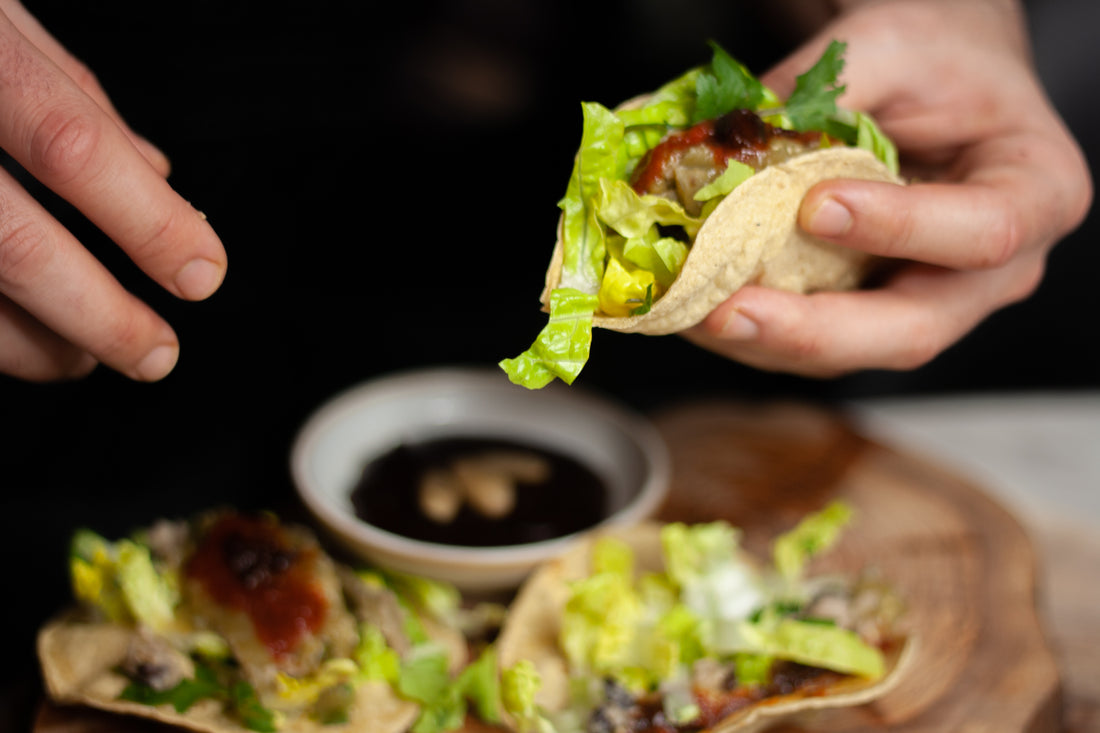 Crispy Tacos with mole sauce and pili nuts recipe