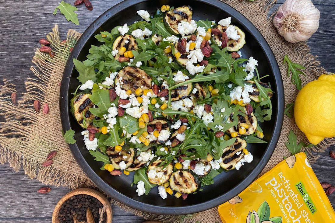 Grilled Courgette Salad with Tangy Lemony Pistachios